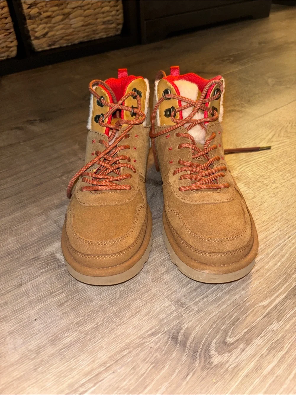 UGG Kids Tan Suede Boots with Orange Lining